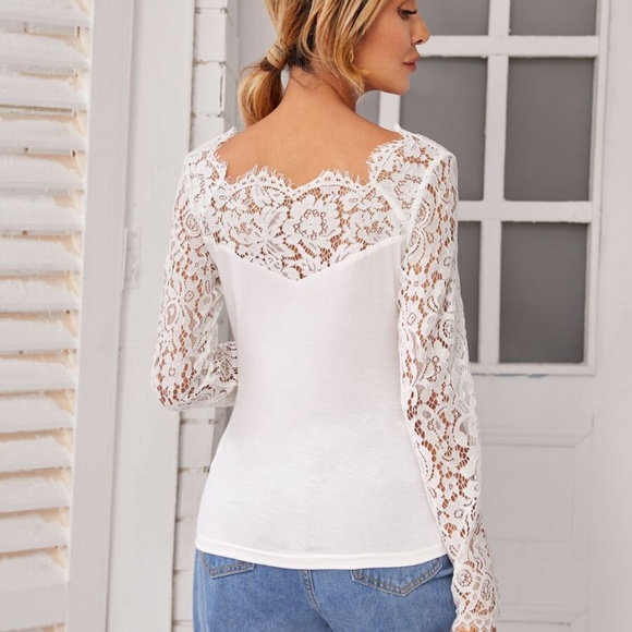 navy blue lace long sheer sleeve boho top - Picture 11 of 12